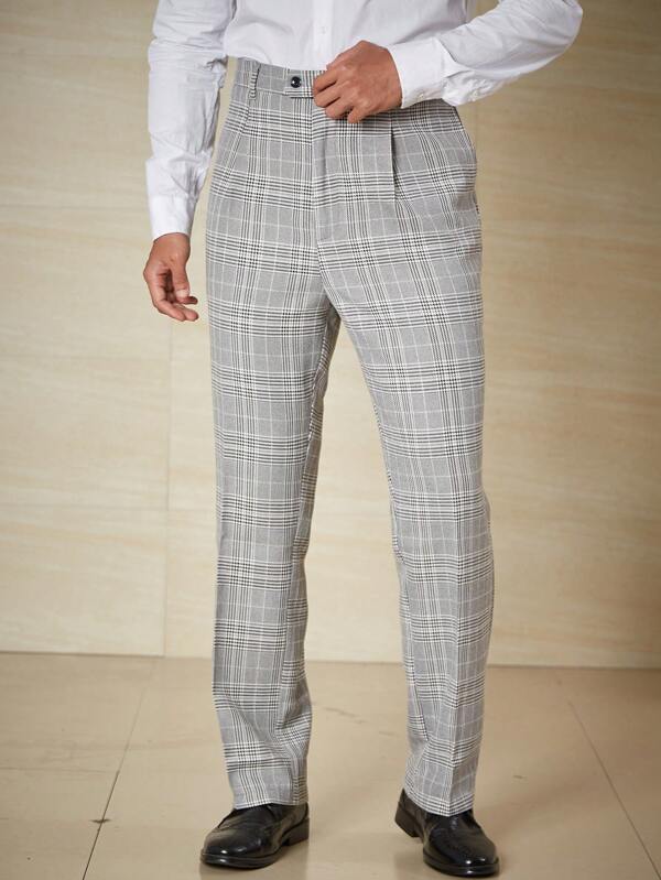 Manfinity Mode Männer Große Größen Anzughose mit Plaid Muster, schrägen Taschen,