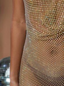 Rhinestone One Shoulder Lace Up Side Sheer Mesh Split Thigh Dress - Coffee - View 3