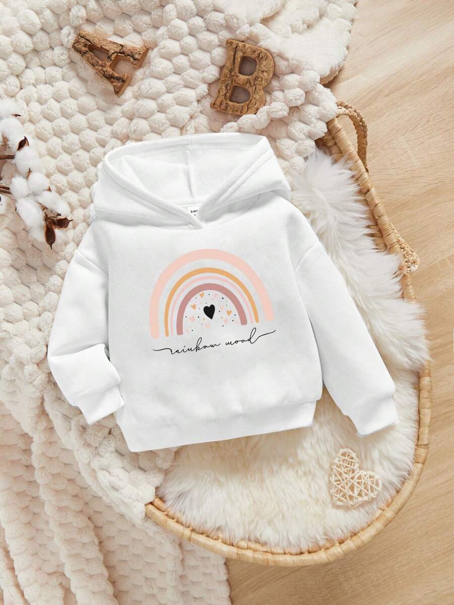 SHEIN 女嬰彩虹和字母圖案保暖連帽衫 - 白色 - 查看 1