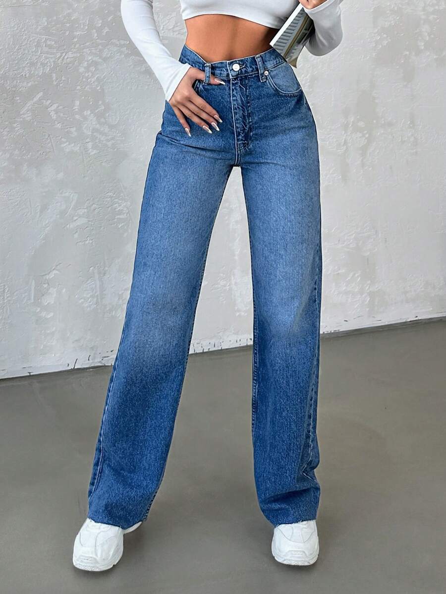 EURMUSE Zipper Fly Straight Leg Jeans - Light Wash - View 1