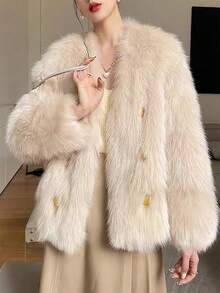 Solid Button Front Fluffy Coat - Maroon - View 4