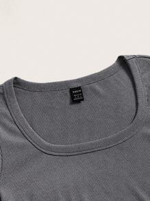 SHEIN EZwear 條紋針織短款T恤 - 深灰色 - 查看 4