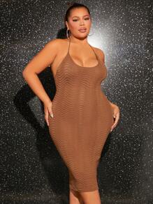 SHEIN SXY Plus Size Backless Halter Wave Texture Sweater Dress Sexy Outfits Club New Years Party Outfit - Brown - View 4