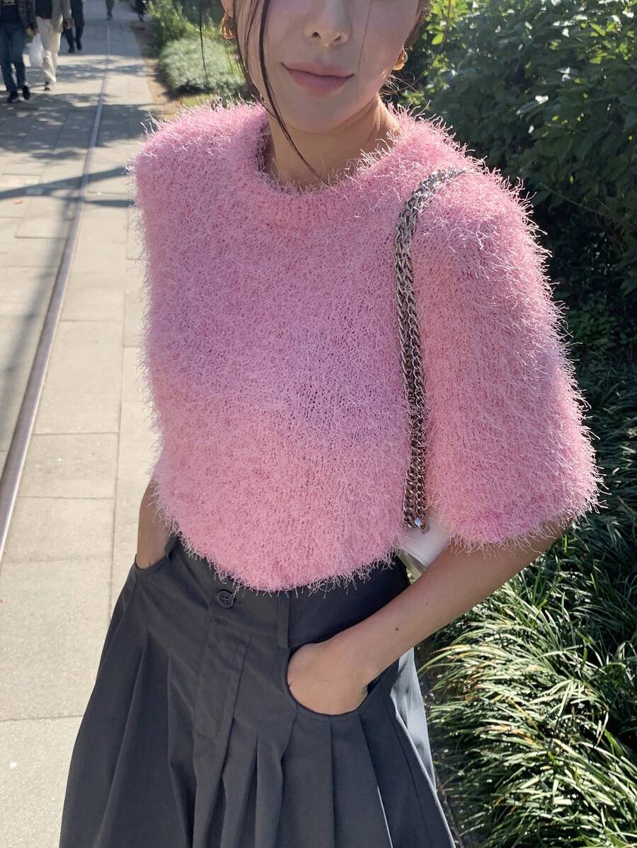 Dazy Star Chất rắn Đan mềm mại Áo - Hồng - Xem 1