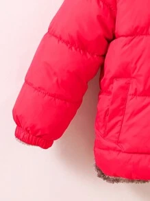 Young Boy Reversible Zipper Up 3D Ears Hooded Padded Coat - Red - View 3