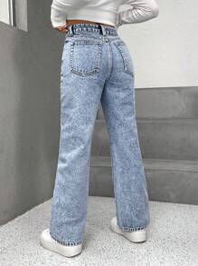 SHEIN PETITE Zipper Fly Flare Leg Jeans - Light Wash - View 2