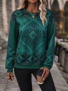 EMERY ROSE Sudadera con estampado geométrico de hombros caídos - Verde - Ver 1