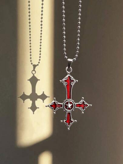 Rote Halskette mit umgekehrtem Kreuz Anhänger im Gothic Stil, Pullover Kette im Punk Stil mit Kreuz Anhänger