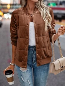 SHEIN Clasi 斜口袋飞行员夹克加厚棉服外套冬季 - 棕色 - 查看 4