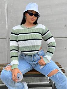 Flirla Hơn Mẫu sọc Curved Hem Áo len - Nhiều màu - Xem 5