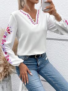 SHEIN LUNE 花卉刺繡燈籠袖襯衫