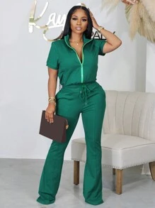 女士纯色简约短袖上衣搭配喇叭裤休闲套装，商务休闲风，绿色女装 - 綠色 - 查看 2