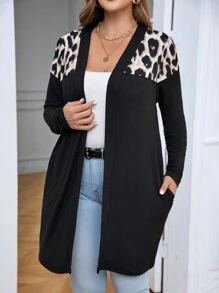 SHEIN LUNE Plus Contrast Leopard Print Open Front Coat - Black - View 4