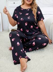 Plus Heart Print PJ Set / Pajama Set - Black - View 5