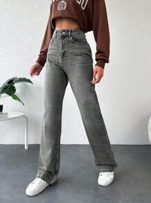 Cottnline High Waist Straight Leg Washed Denim Pants - Grey - View 4