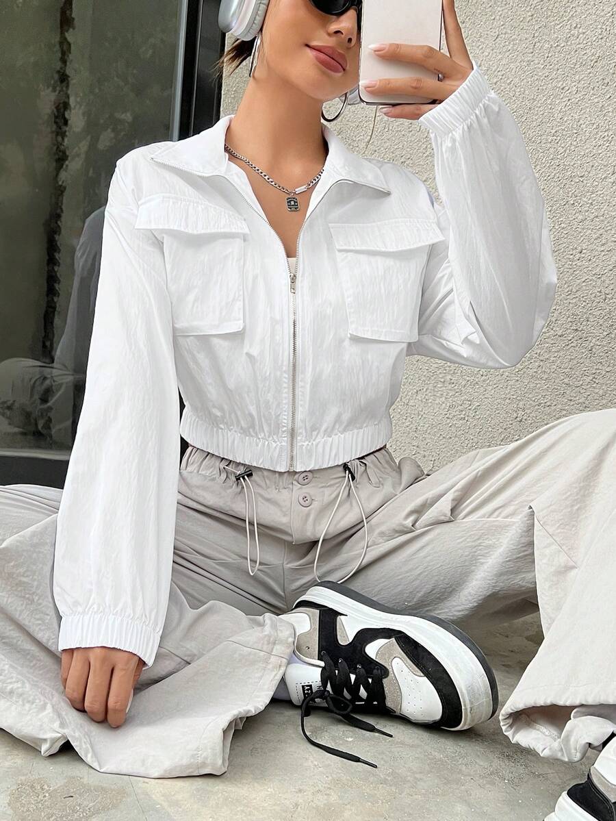 SHEIN Unity Túi có nắp Thả vai Áo khoác - trắng - Xem 1