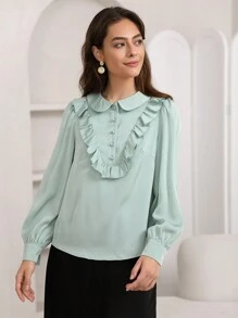 SHEIN Privé 荷葉邊前紐扣襯衫 - 綠色 - 查看 6