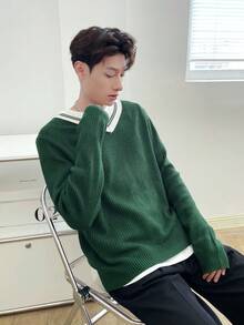 Aesthetic Post Nam Sọc trang trí Thả vai Áo len Without Tee - màu xanh lá - Xem 6