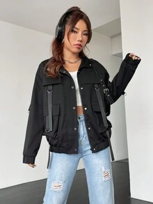 Muchica 翻蓋口袋落肩袖拉鍊夾克 - 黑色 - 查看 5