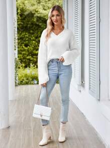 SHEIN Frenchy V領落肩袖套頭毛衣 - 白色 - 查看 5