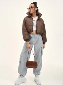 SHEIN Unity Slant Pocket Zipper Drop Shoulder Crop Padded Padded Coat Clothes Winter - Mocha Brown - View 5