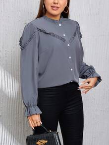 SHEIN LUNE Plus Frill Trim Flare Sleeve Blouse - Dusty Blue - View 5