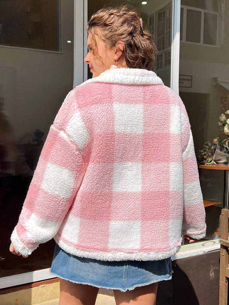 Plus Buffalo Plaid Print Drop Shoulder Buckle Detail Teddy Coat