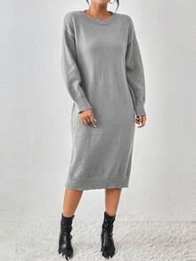 SHEIN Essnce Drop Shoulder Sweater Dress Without Belt - Grey - View 6