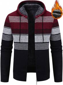 Manfinity Homme Nam Mẫu sọc Dây rút áo có mũ Lót Teddy Áo len Mở - Màu Đỏ Sâu - Xem 1