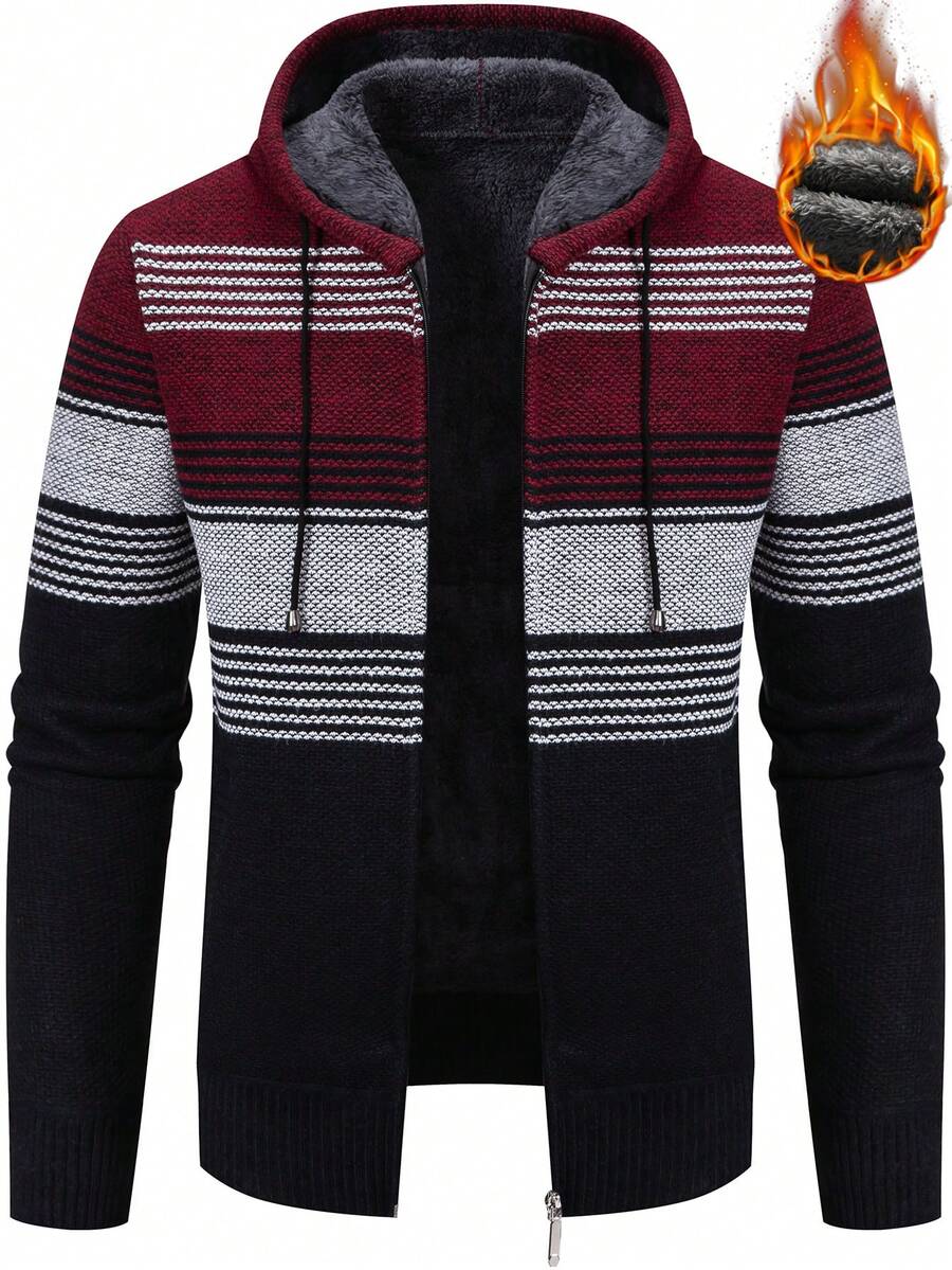 Manfinity Homme Nam Mẫu sọc Dây rút áo có mũ Lót Teddy Áo len Mở - Màu Đỏ Sâu - Xem 1