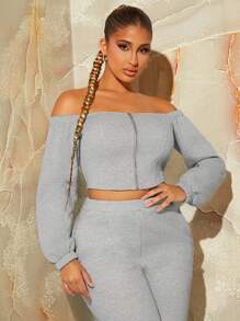 SHEIN SXY Off Shoulder Zip Up Crop Sweatshirt - Light Grey - View 1