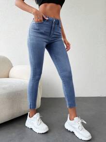 SHEIN Cottnline Jeans De Cintura Alta Ajustados - Azul lavado medio - Ver 5