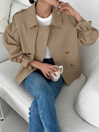 DAZY Abrigo de trinchera con mangas raglán y doble botonadura para mujer, ropa de mujer para otoño