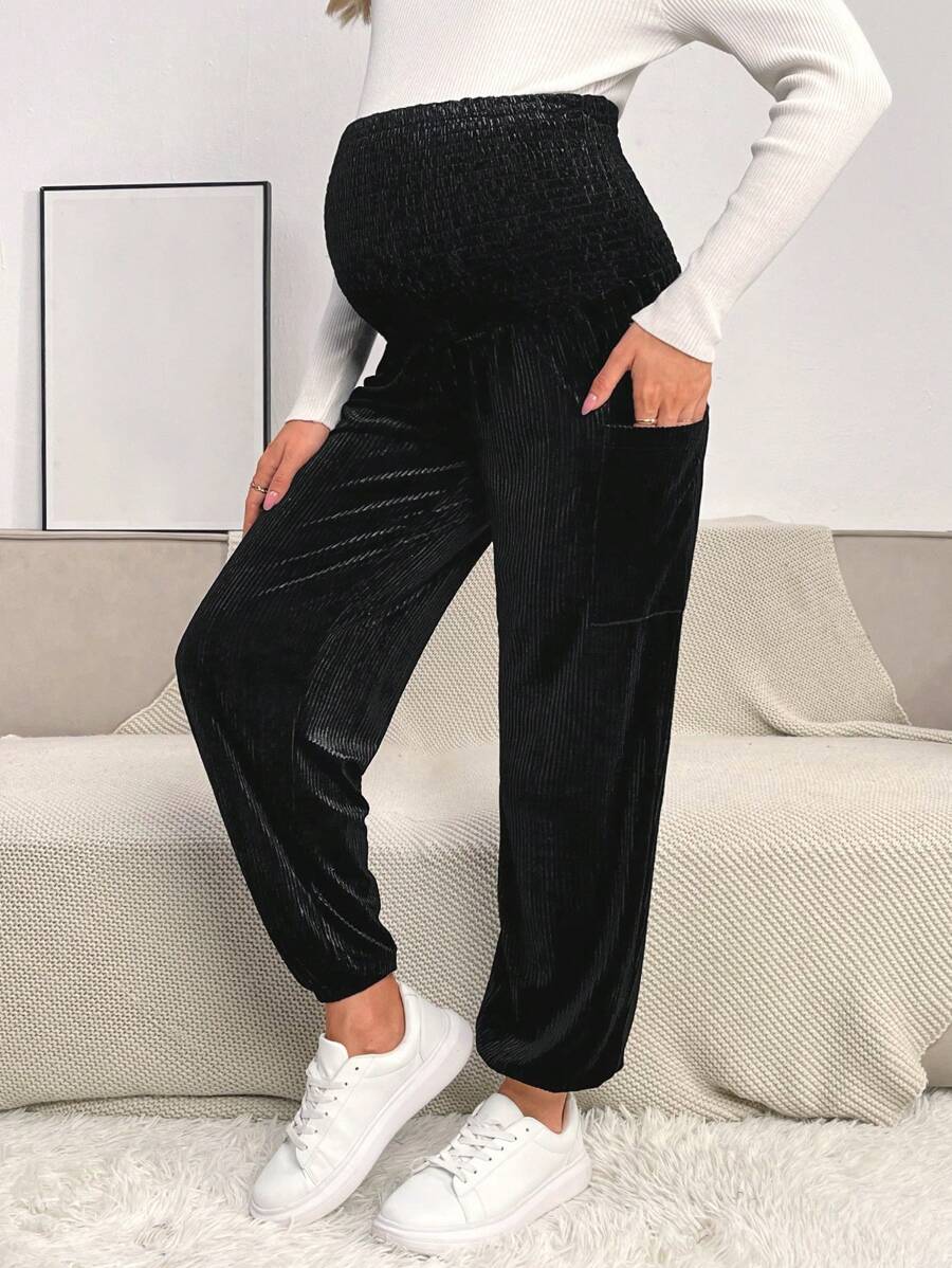 SHEIN 孕婦可調節腰帶腰側口袋長褲 - 黑色 - 查看 1