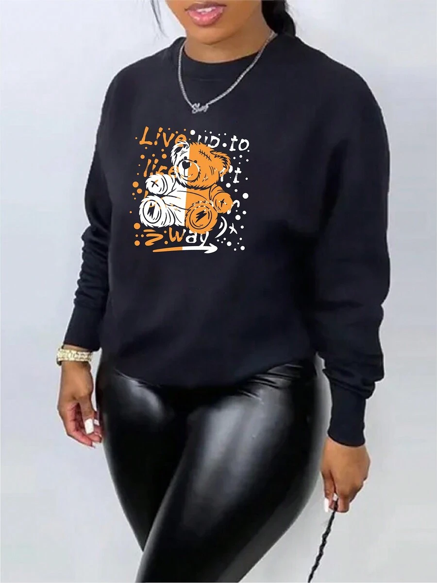 SHEIN EZwear Hơn Cartoon & Đồ họa chữ cái Thả vai Áo nỉ - màu đen - Xem 1