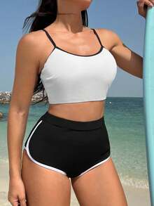 Contrast Binding Tankini - Multicolor - View 3
