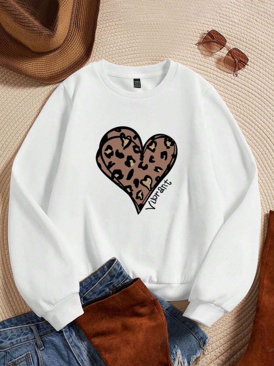SHEIN LUNE Plus Leopard & Heart Print Thermal Lined Pullover - White - View 1