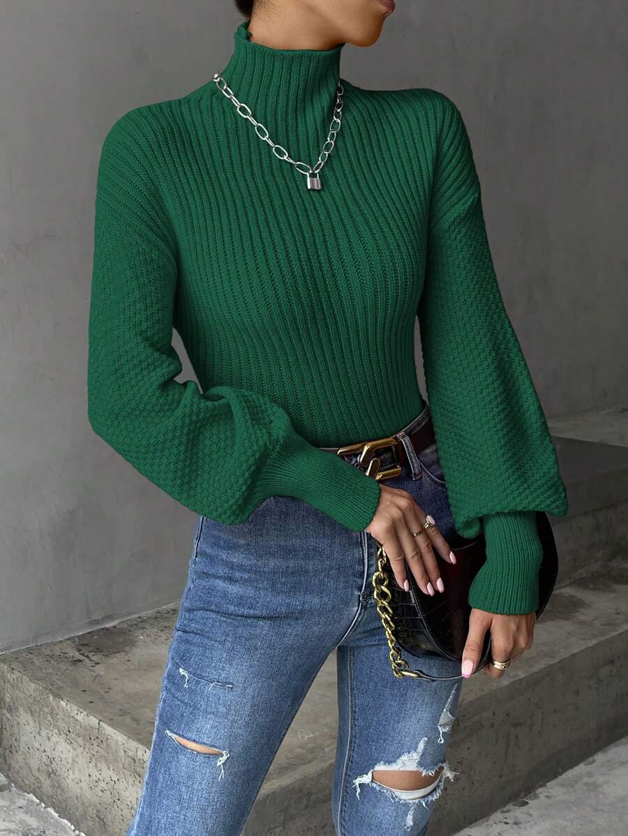 SHEIN Essnce Áo len cổ cao, vai rớt, kiểu dáng thu đông. - màu xanh lá - Xem 1