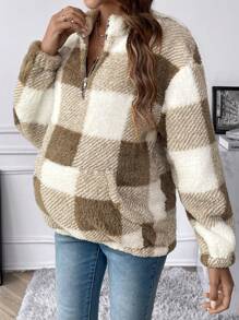 SHEIN Thai sản In kẻ sọc Buffalo Túi kangaroo Thả vai 	
Fuzzy Áo nỉ - Nhiều màu - Xem 4