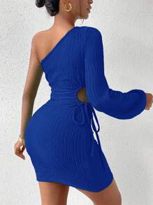 SHEIN Privé 單肩側抽繩緊身洋裝 - 藍色 - 查看 2