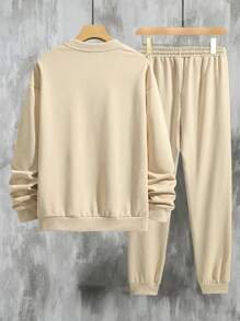 Manfinity Homme Men's Plus Size Hooded Sweatshirt Printed With Expressions & Slogan, With Drawstring Waist Sweatpants, 2pcs/set - Khaki - View 2