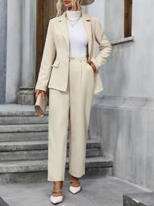 SHEIN LUNE Solid Lapel Neck Blazer & Wide Leg Pants - Apricot - View 5