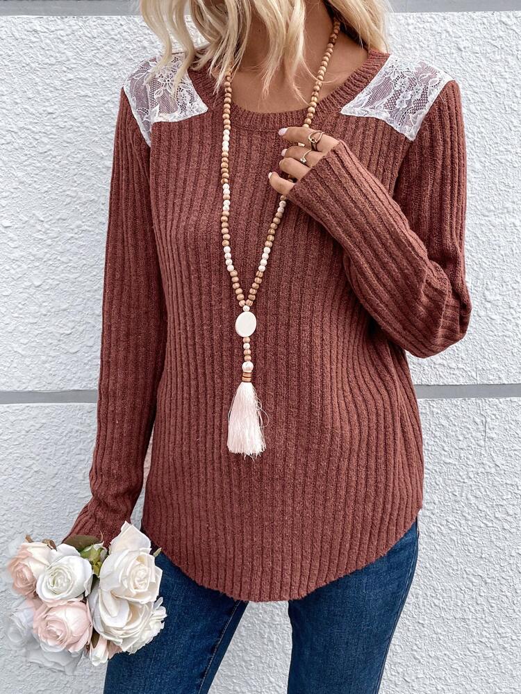 Contrast Lace Curved Hem Knit Pullover Fall Winter Sweater
