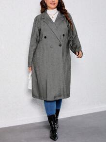 SHEIN LUNE Plus Herringbone Lapel Neck Double Breasted Overcoat - Multicolor - View 4