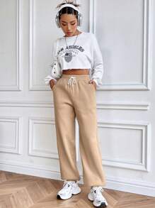 SHEIN Unity 女士休闲纯色保暖内衬抽绳腰部慢跑裤 - 杏色 - 查看 4