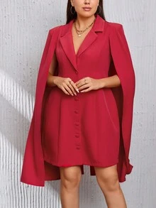 SHEIN Privé 大碼斗篷袖單排釦西裝洋裝 - 酒紅色 - 查看 3