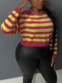 Slaydiva Plus Striped Pattern Drop Shoulder Sweater - Multicolor - View 5