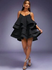Hauture Vestido de tirantes con volantes exagerados y capas sólidos - Negro - Ver 4
