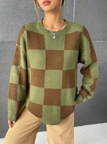 SHEIN EZwear Checker Pattern Drop Shoulder Sweater - Multicolor - View 1