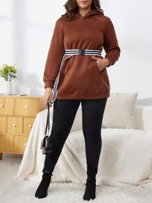 Flirla Sudadera con bolsillo canguro, mangas raglán y cinturón, talla grande - Marrón - Ver 4